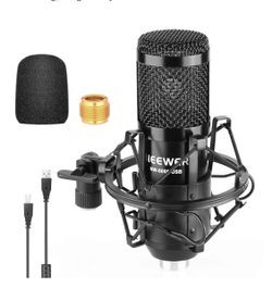 USB Microphone, stand, pop filter.