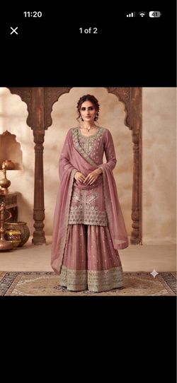 Pink & green embroidered suit with silver embroidery
