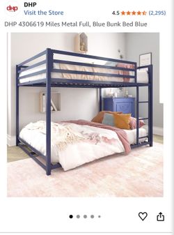 FREE!!! Blue metal-frame full-sized bunk bed and mattresses (you pick up)