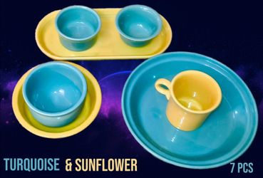 NEW FIESTAWARE 7 PC SET /TURQUOISE & SUNFLOWER/ NEW! PIE BAKER+ BREAD TRAY+CHILI BOWL+RAMEKIN+BOUILLON BOWL+MUG+RIMMED CEREAL BOWL - TODAY ONLY $30
