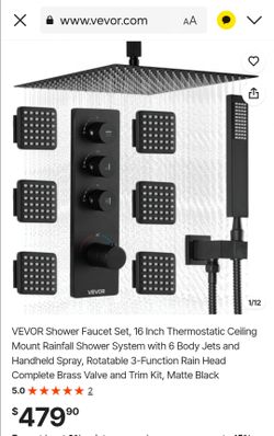 VEVOR Shower Faucet Set, 16 Inch Thermostatic Ceiling Mount Rainfall Shower System with 6 Body Jets and Handheld Spray, Rotatable 3-Function Rain Head