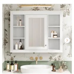 35 in. W x 27.5 in. H Rectangular Waterproof MDF,White Bathroom Medicine Cabinet with Mirror w/6-Open Adjustable Shelves