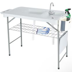 39.4 Inch Folding Fish Cleaning Table with Double Sink and Faucet