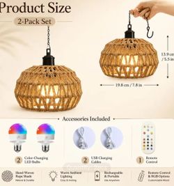 Cordless Handwoven Rope Pendant Lights with 2 Rechargeable RGB LED Bulbs, Remote Control & USB Charging Cables, Dimmable Color-Changing Hanging L