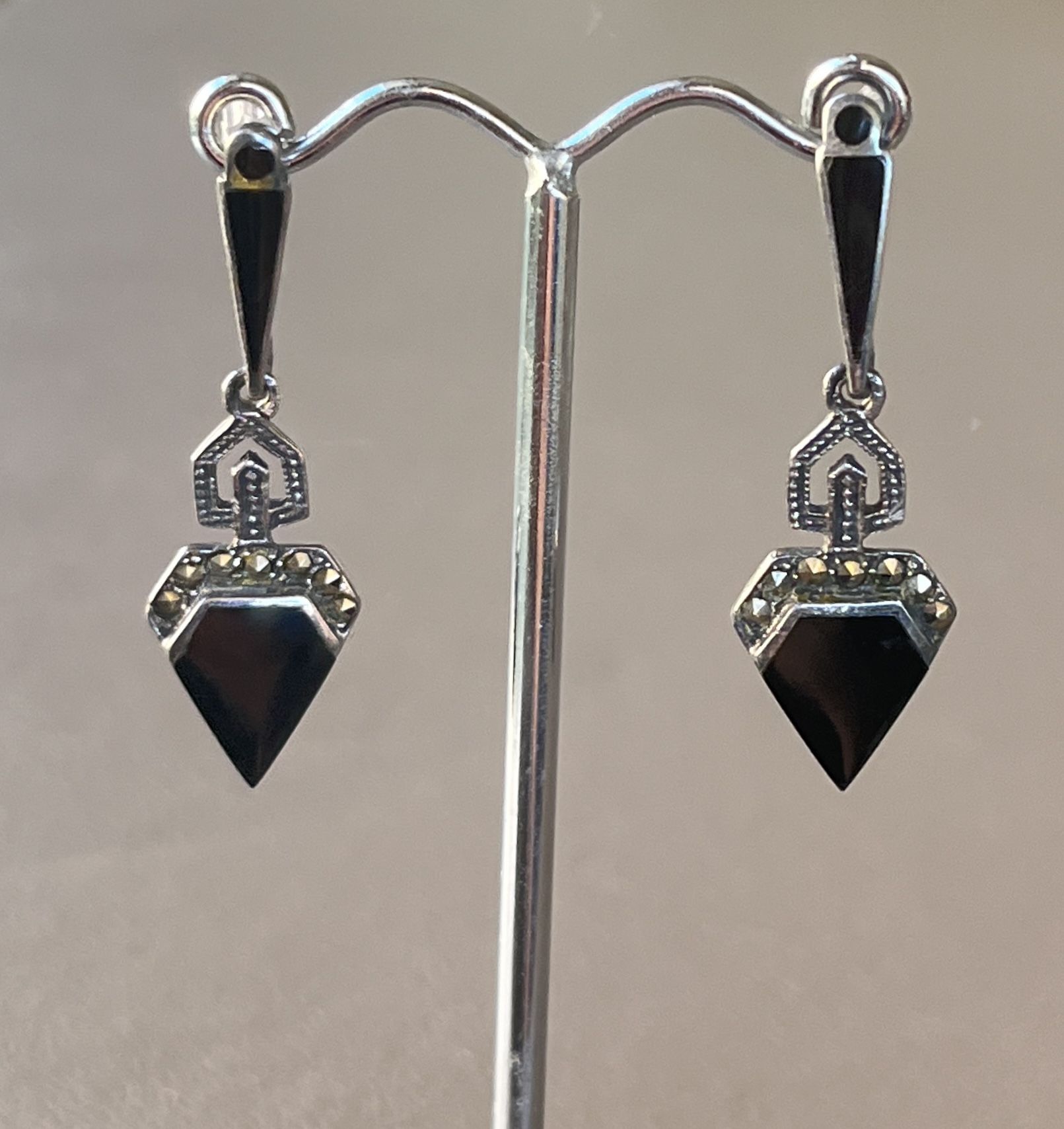 VINTAGE ART DECO STERLING SILVER 925 DROP DANGLE BLACK ONYX MARCASITE EARRINGS