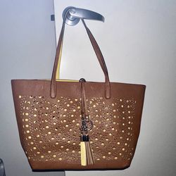 Faux Leather Cut Out Tote Brown Yellow 
