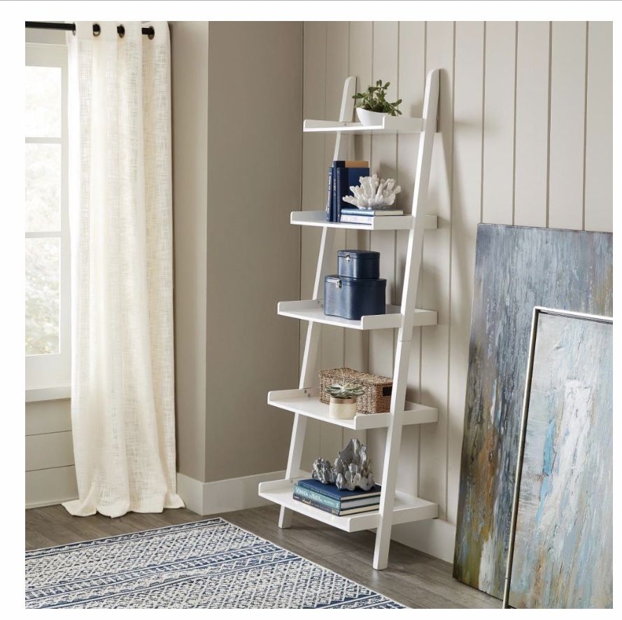 White Wood 5-Shelf Ladder Bookcase