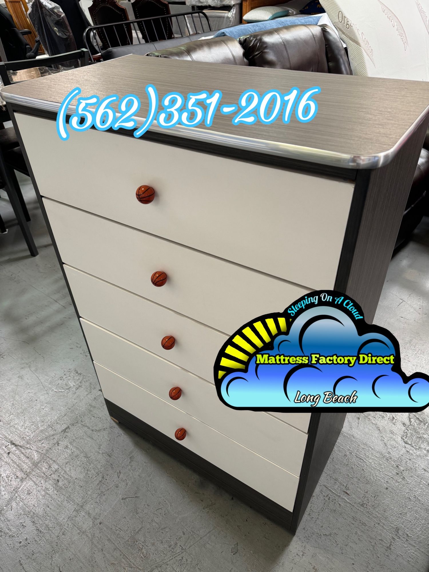 Grey / White 5 Drawer w/ Basketball Knobs Dresser