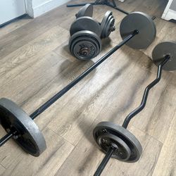 BOLLINGER VINTAGE Standard Set: 6 ft Bar, 4 ft Curl Bar, DB Bars and Cast Iron Weight plates: 25s, 10s, 5s and 2.5s (Total: 191 lbs)  