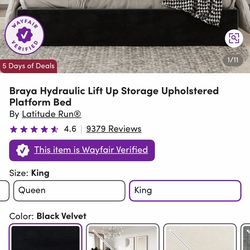 King Storage Bed Frame (Black Velvet) – Hydraulic Lift, Like New