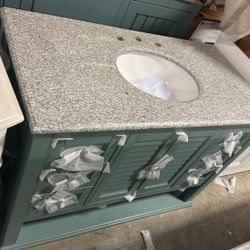Home Decorators Collection Hamilton 43 in. W x 22 in. D x 35 in. H Open Shutter Bathroom Vanity in Sea Glass with Grey Granite Top (33) 