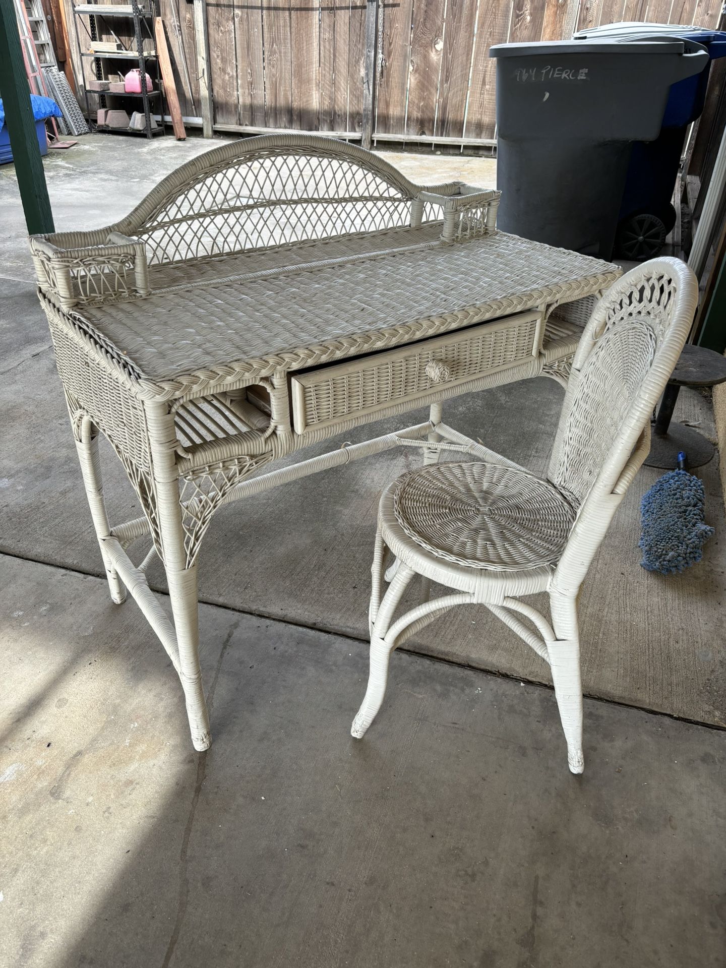 Antique White Wicker Desk And Matching Chair
