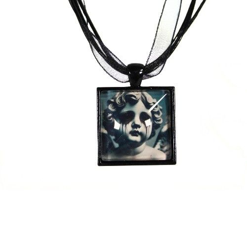 Grunge Goth Cupid Cherub Angel Crying Black Ribbon Necklace Black Metal Pendant