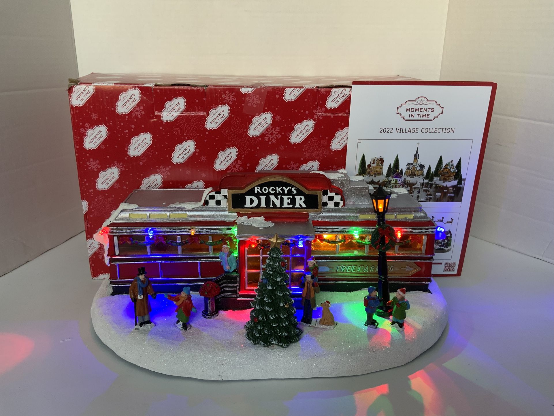 Christmas Village Rocky’s Diner, Retro 1950’s Diner with LED Lights and Christmas Music Moments In Time