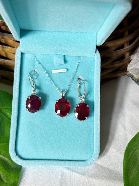 New, Custom Made, 3 Piece Sterling Silver Set of Rubies, with Ruby Pendant on an 18inch SS Chain and two SS Ruby Earrings