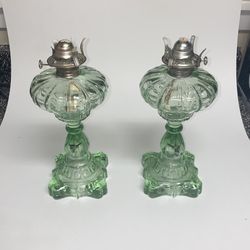 Vintage Green Crystal Kerosene Oil Lamp Set