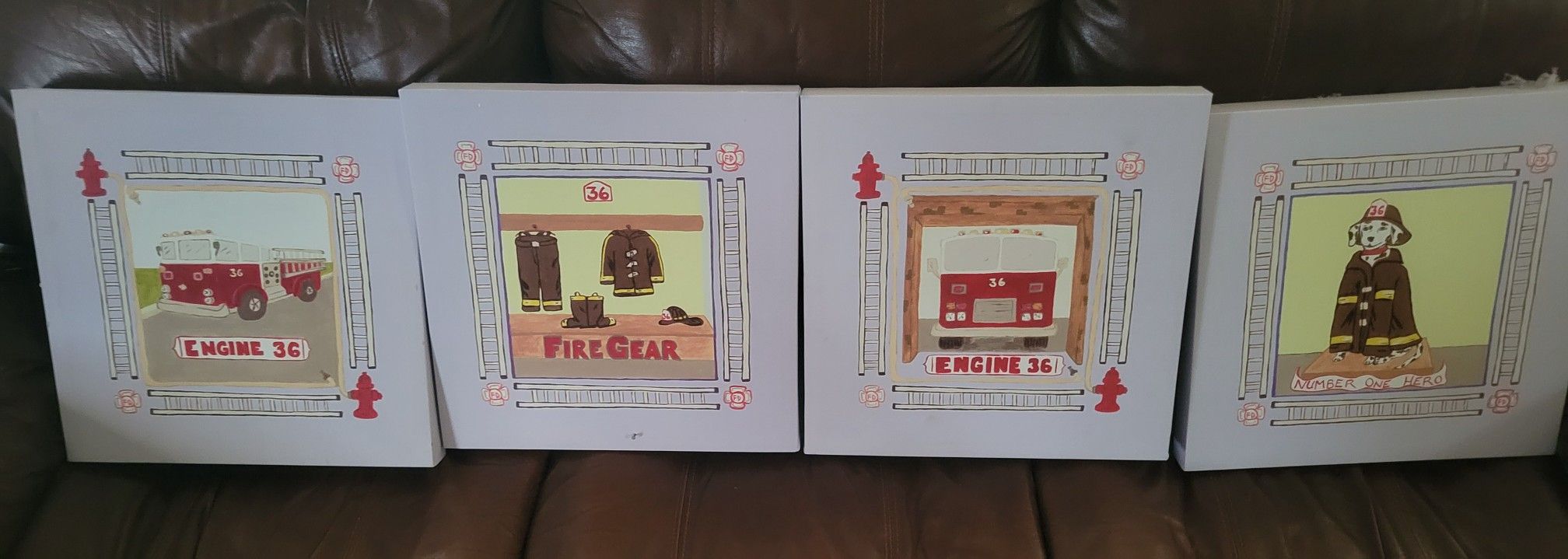 4 Firetruck Canvas Wall Hangings Boys Kids Wall Decor 16" X 16"