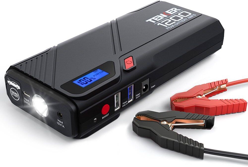 TENKER 1200A Peak Portable Car Jump Starter (for 6.5L gas/5.2L diesel engines), Battery Booster, QC 3.0 Phone Charger with Built-in LED Emergency Fla