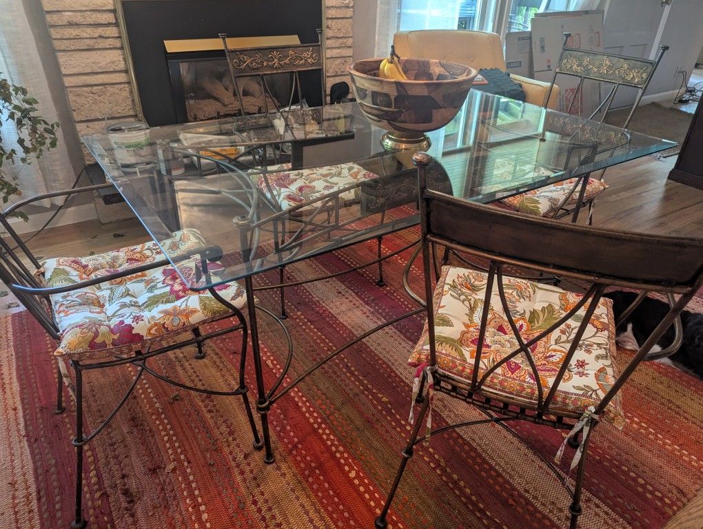 Glass And Bronzy Wrought Iron Kitchen Table Set