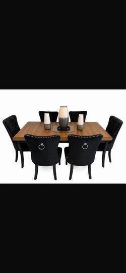 Wooden Dining Table with 6 Black Ring pull Chairs