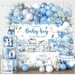 260PCS Baby Boy Baby Shower Decorations All-in-One Set with Baby Boy Balloon Arch, Tableware, Advice Cards, Cake Topper, Balloon Box, Backdrop, Sash,