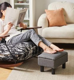 Gray NEW Linen Upholstered Small Foot Rest Stools w/ Storage Wood SALE