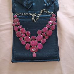 500 CT OF natural Unheated, Untreated Ruby Bib Adjustable Necklace, Stamped 925 Silver, STATEMENT PIECE!