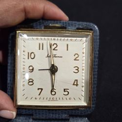 Vintage Seth Thomas Folding Travel Wind Up Alarm Clock Germany MCM -WORKS! 3"x3"