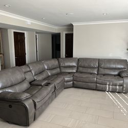 NEW Gray Leather Reclining Sectional Sofa
