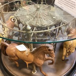 Rotating Four Horse Carousel Table – Beveled Glass Top – 36”D
