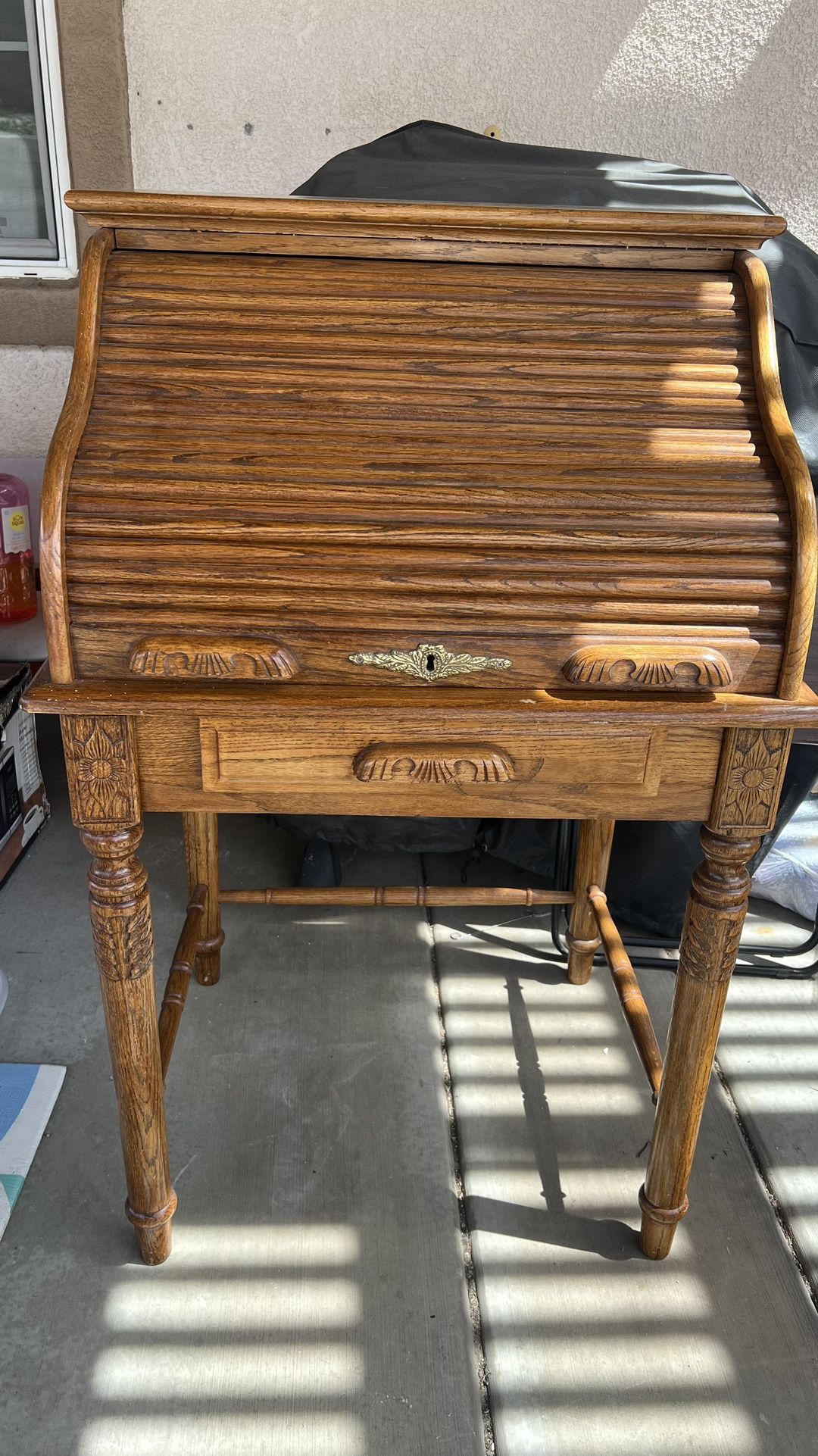 Vintage Wooden Desk With Rolling Cover, Original Key Lock, and Drawers