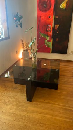 Glass Top Coffee Table with Dark Wood Base