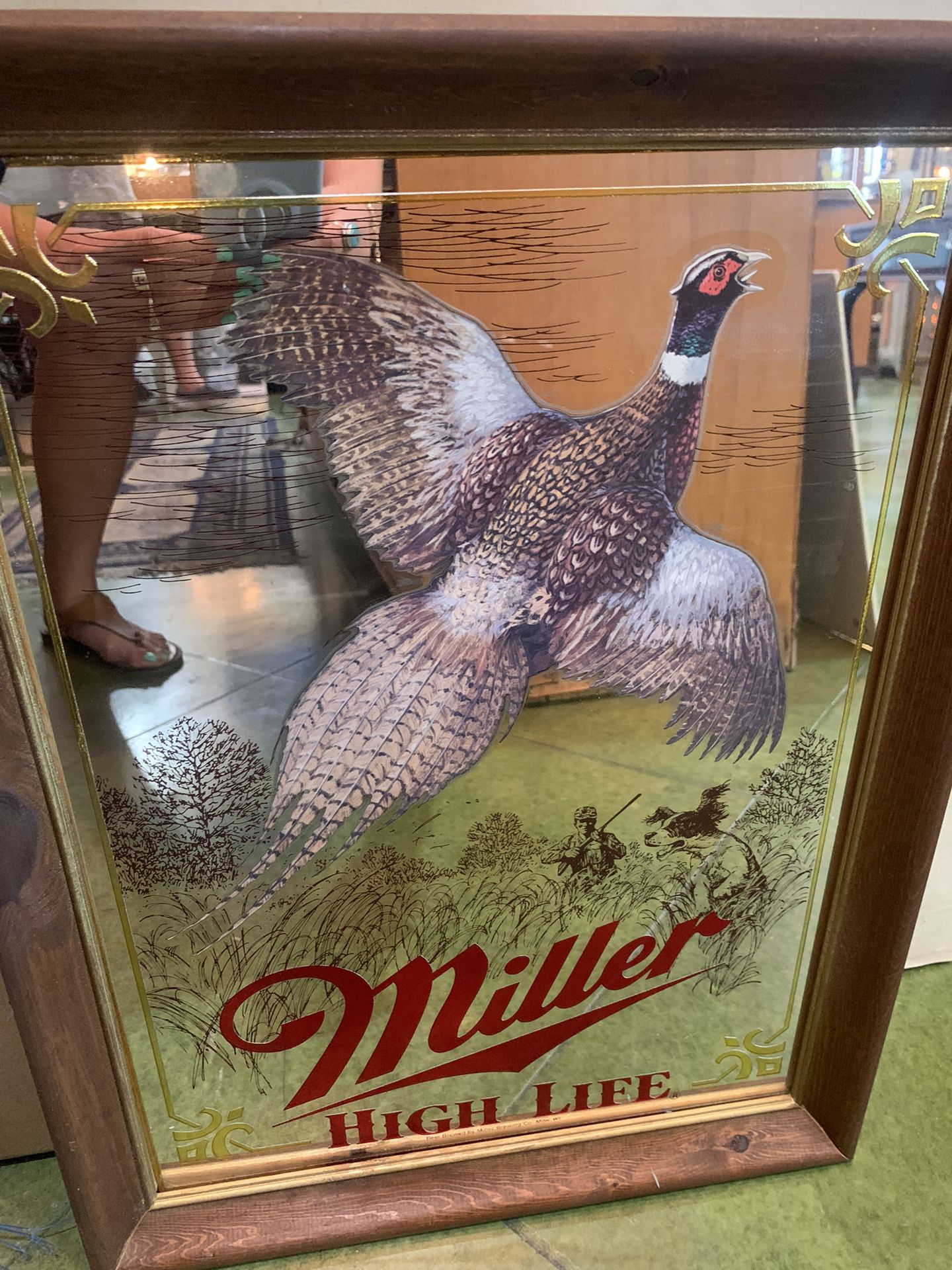 15x21 vintage QUAIL MILLER HIGH LIFE mirrored advertisement sign. Hunting.  95.00 Johanna at Antiques and More. Located at 316b Main Street Buda. Anti