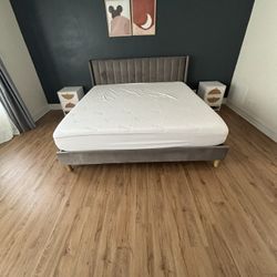 King Upholstered Wingback Platform Bed Frame with Vertical Channel Tufted Headboard, No Box Spring Needed, Gray