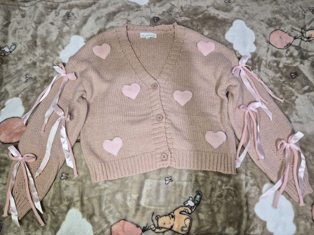 Adorable Womens Light Brown Cardigan With Pink Fuzzy Hearts & Bow Sleeves - New