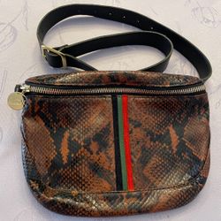 Clare V. Leather Walnut Python Snake Print Adjustable Belt Fanny Pack Bag