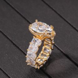 Large Water Drip Iced Out Baguette 18kt Gold Plated CZ Ring, 7mm Square, Size 8