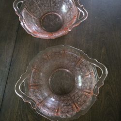 Two Pink Cherry Blossom  Depression Glass 9 Inch Bowls With Handles
