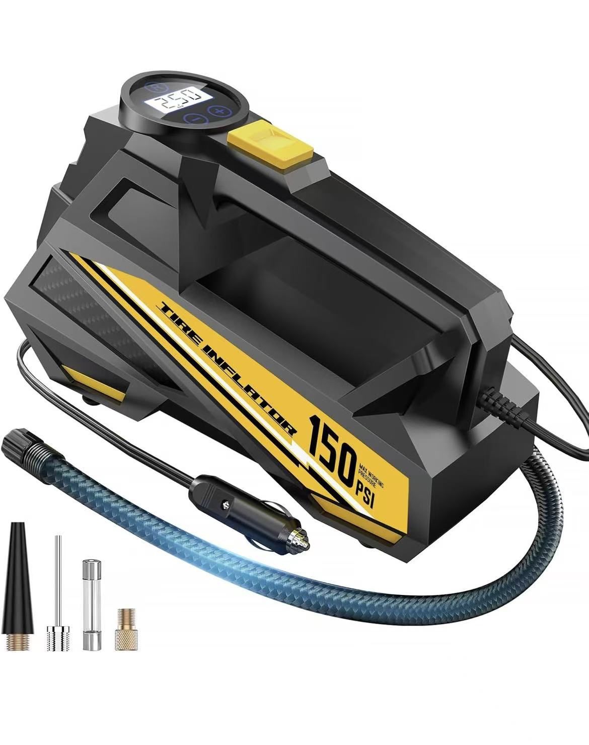 12V DC Air Pump for Car Tires with 150PSI LCD Digital Gauge & Emergency LED Light,