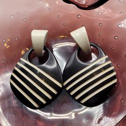 Vtg 80s Chunky Statement Earrings Black White Stripes Plastic Retro Pierced 2.5"