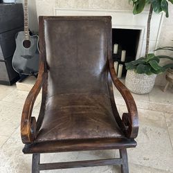 vintage Campeche style mahogany and leather upholstered Chair 