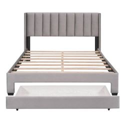 Gray Velvet Tufted Upholstered Queen Size Platform Bed Frame with Headboard and a Big Drawer Storage System  Brand New In Box  No Mattress  Can Delive
