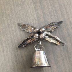 Sterling Silver Christmas Pin Holly Leaves With Jingle Bell