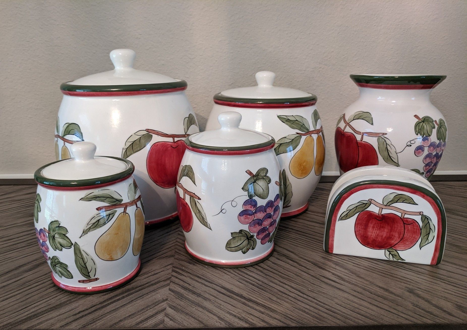 Preferred Stock fruit kitchen canister set, vase and napkin holder