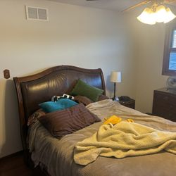 Sleigh bed frame, leather accent - Queen