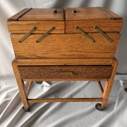 Vintage Wooden Cantilever Sewing Box MultiTier Fold Out