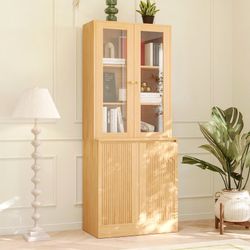 71” Wood Book Cabinet Storage Bookcase With 2 Tempered Glass Doors & 5 Tiers Shelves