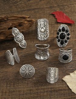 Elegant 8 piece Vintage Black Agate Ring Set 