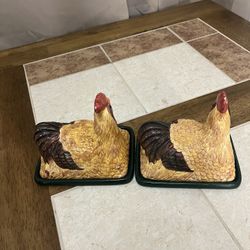 2 Rooster Butter Dishes