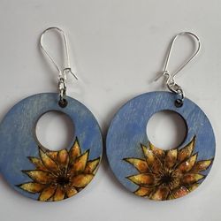 Hand made wood burned watercolor earrings